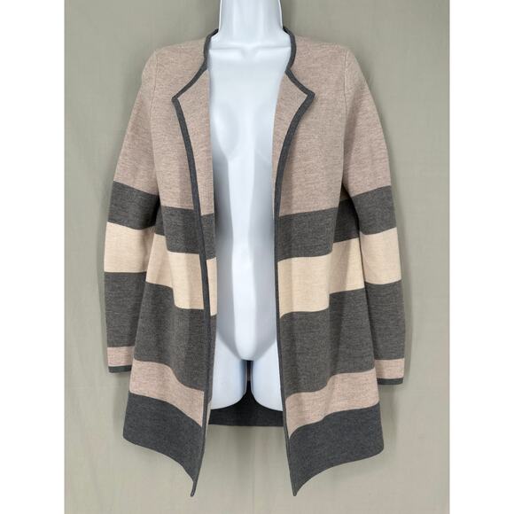 Talbots Cardigan Sweater Womens Small Beige Gray Striped Pure Merino Wool Cozy - Picture 1 of 7